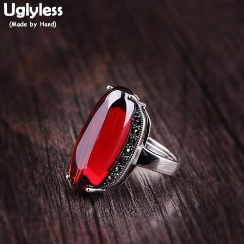 Uglyless Sexy Women Tempting Red Garnet Rings Real 925 Sterling Silver Bijoux Fine Jewelry Thai Silver Marcasite Open Rings R797