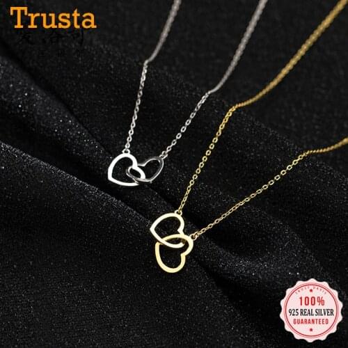 TrustDavis Real 925 Sterling Silver Fashion Romantic Double Heart Necklace For Women Wedding Valentines Day Fine Jewelry DB286