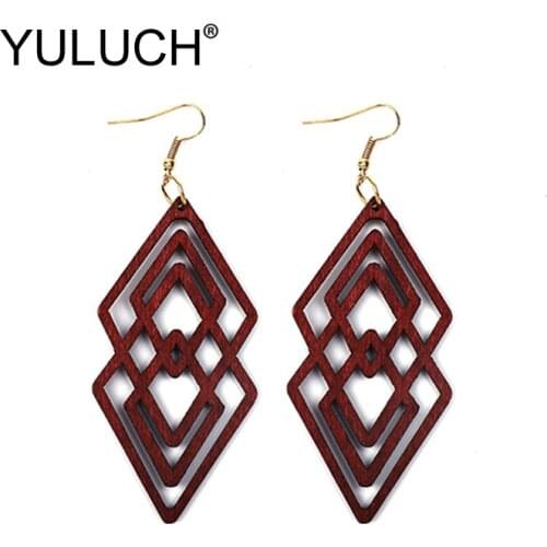 YULUCH Vintage Red Black Hollow Wood Long Pendant Earrings For Women 2019 Ethnic African Indian Pendant Earrings Fashion Jewelry