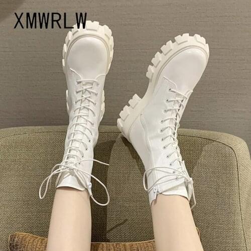 XMWRLW PU Leather Womens High Boots 2021 Spring Autumn Fashion Lace up Rubber Sole Women Boots Female Autumn Boot Shoes