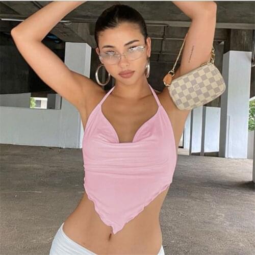 Women Halter Crop Top Summer Sexy Sling Knot Backless V-Neck Bellyband Short Original Tank Top Beach Wear 2021 New