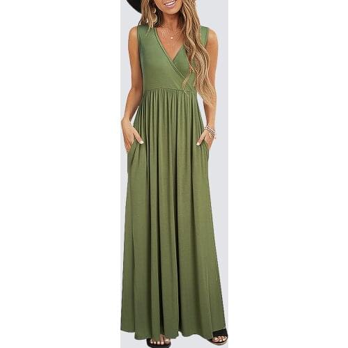 Women Casual Summer Beach Vacation Criss Cross V Neck Sleeveless Swing Flowy Long Maxi Dress with Pockets 1HA162