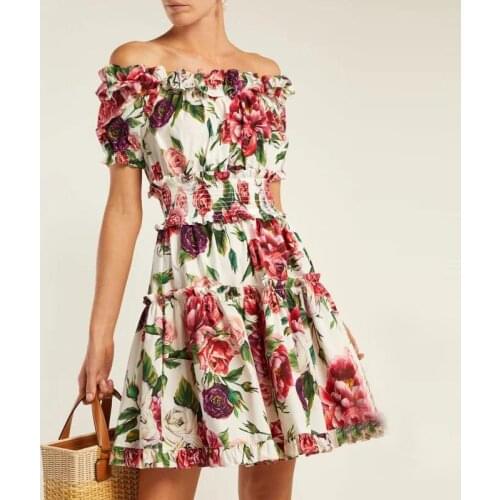 2020 NEW Summer Off Shoulder Beach Party Dresses Womens Charming Rose Flower Print Ruffles Elastic Waist Short Dress Vestidos