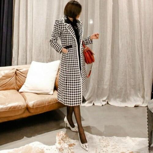 2019 Women Fall Coat Outerwear Winter Clothing Fashion Warm Patchwork Leather Blends Female Elegant Singer Breasted Woolen Coat