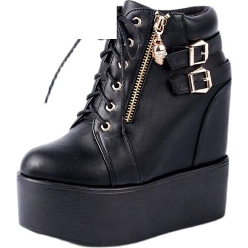 Sexy Night Punk Wedge Boots Ankle Boots Genuine Leather Black Motorcycle Women Boots Platform Chunky Heel Shoes for Female