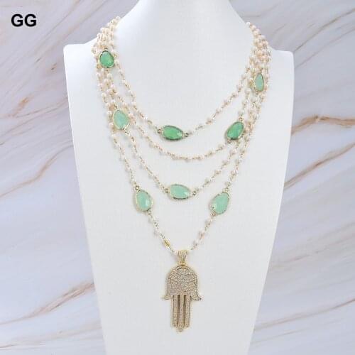 GG Jewelry 18" 4Rows Natural Cultured White Pearl Chain Green Crystal Connector Necklace CZ Hamsa Pendant Women Lady Jewelry