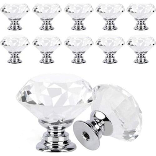 10Pcs/set 30mm Diamond Shape Design Crystal Glass Knobs Cupboard Drawer Pull Kitchen Cabinet Door Wardrobe Handles Hardware