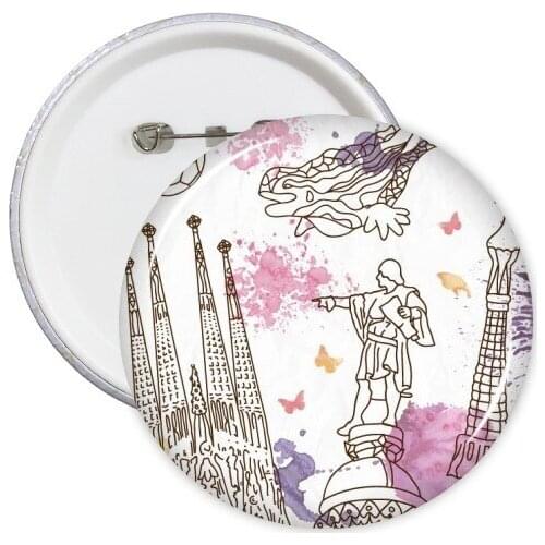 Barcelona Cathedral Hand-painted City Soccer Statue Spain Round Pins Badge Button Clothing Decoration Gift 5pcs