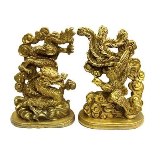 Chinese handmade brass fengshui lucky statue - dragon & phoenix