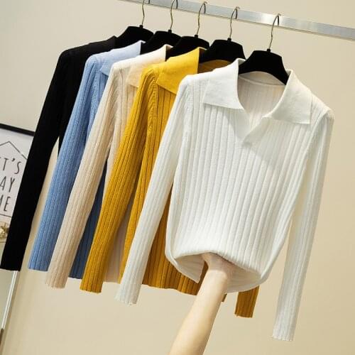 Korean Turn-Collar V Neck Sweater Knitted Sweaters 2020 Winter Tops For Women Pullover Jumper Pull Femme Truien Dames Autumn