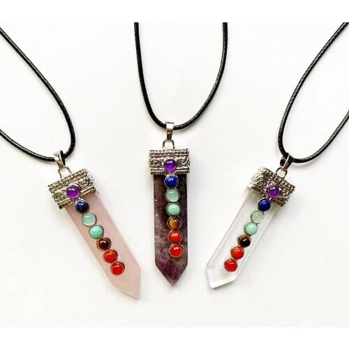 Crystal Point Stone Sword Pendant Necklace Men Clear Pink Quartz Stone Purple Chakra Stone Beads Mens Necklace Rope Chain