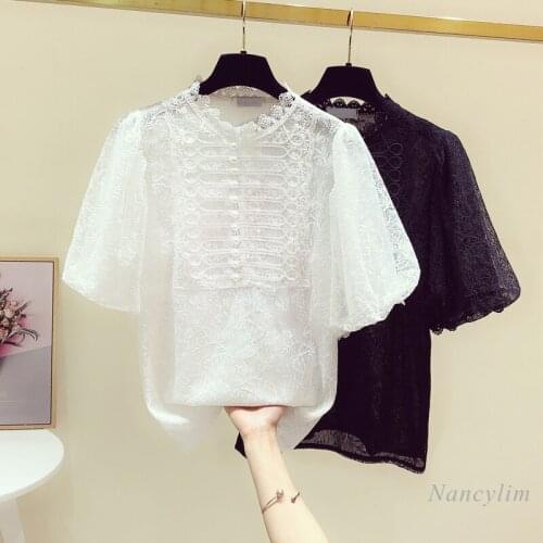 Stand Collar Lace Shirt for Women Short Sleeve 2021 Summer New Elegant Ladys Clothing Slim Fit Blusas Femme