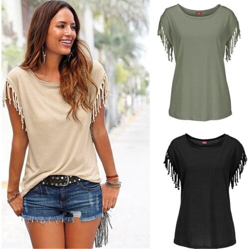 LEOSOXS New Summer Solid Sexy Tassel Short Sleeve Womens Tops T Shirt 2021 Fashion Casual O Neck Loose Ladies T Shirt Plus Size