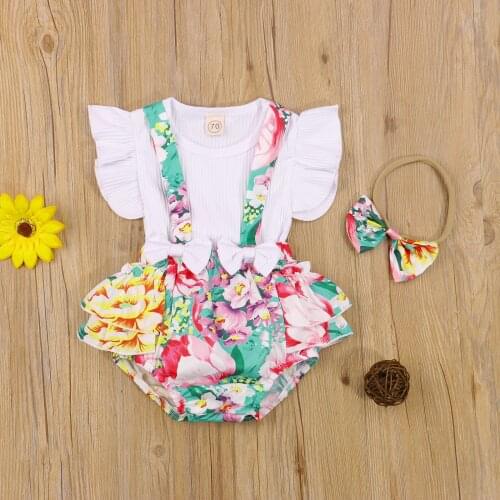 2021 Newborn Summer Outfits, Baby Girl Ribbed Fly Sleeve Round Neck T-shirt + Flower Print Suspender Pants + Bowknot Headband