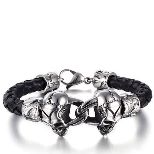 Rock & Roll SKULL Scalding Bracelet Stainless Steel Leather Woven Bracelet Mens Bracelet