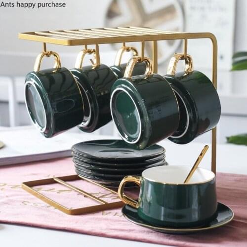 European Style Coffee Cup and Saucer Set with Metal Cup Holder Home Ceramics Teaware Drinkware Afternoon Tea Cup Tea Utensils