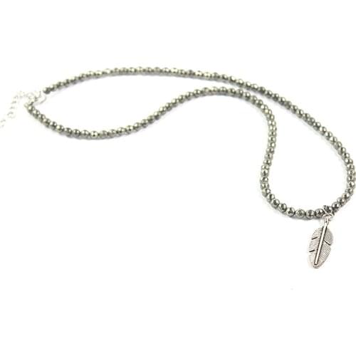 Natural Stone Pyrite Faced Round Beads 4mm Disco Ball Necklace with Alloy Leaf Pendant Fashion Jewelry