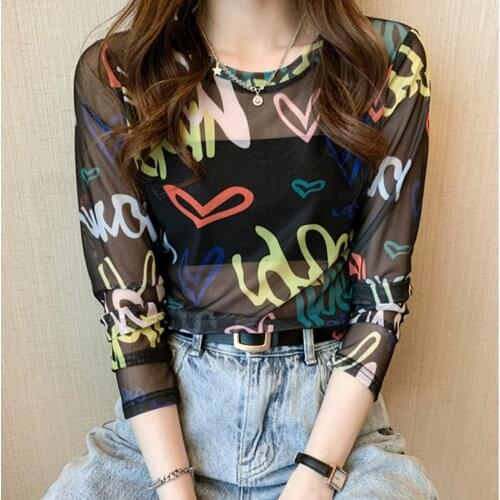 IMucci Letter Print Nylon Natural Color Mesh Bottoming Blouse Summer Light Weight Sun Protection Base Shirt Ice Silk Long Sleeve