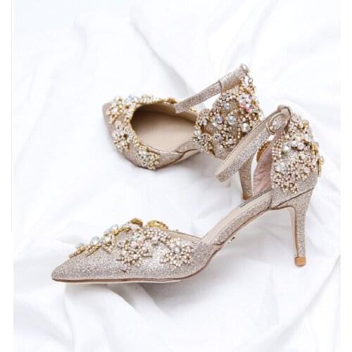 Summer new style rhinestone party dress gold sequin crystal bridal wedding shoes stiletto heel all-match womens single shoes