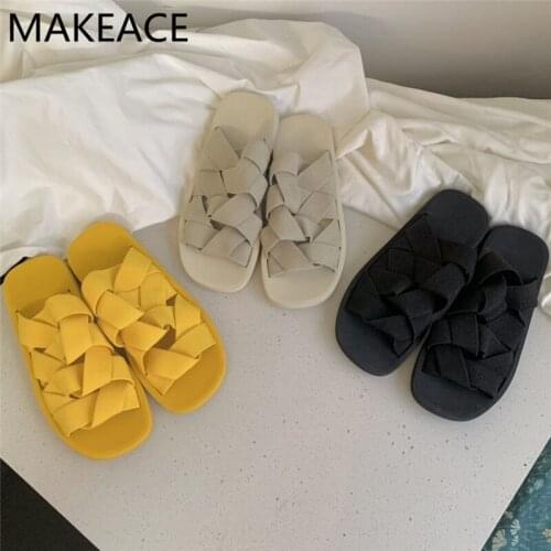 New Stretch Strap Braided Slippers Women Yellow Black white Beach shoes Ladies Flats Weave Hollow Outs Slippers Woman 2021