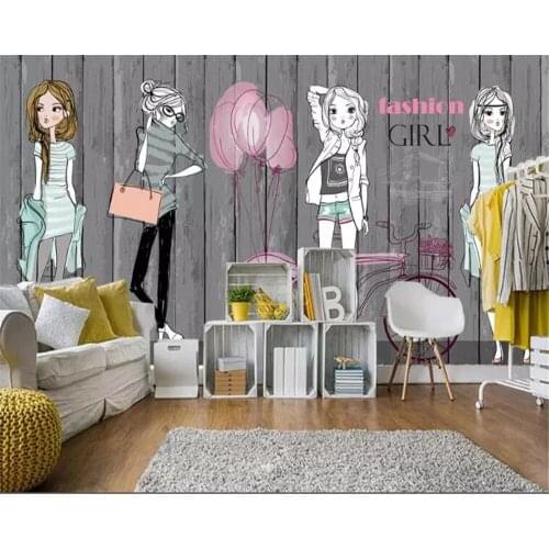 3d Self-Adhesive wallpaper Hand-painted wooden board fashion girl clothing store 3d photo background decorative papel DE parede