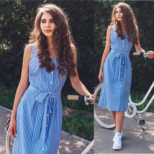 Blue Striped Summer Dress Women Sexy Sleeveless Party Dress 2019 Fashion Single-Breasted Bohemian Beach Dress Ladies Sundress