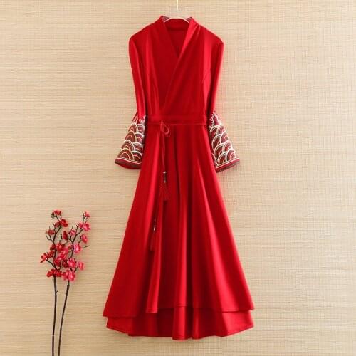 High-end Spring Chinese Style Women Hanfu Slim Dress Retro Embroidery Elegant Lady New Year A-line Dress S-XXL