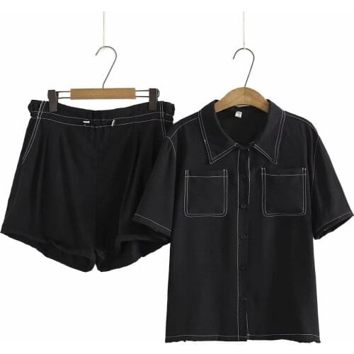 Plus size women clothing turn-down collar Short sleeve t shirt & high waist Casual shorts 2021 chiffon Womens summer suits