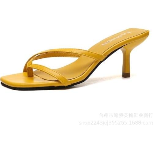 2021Women Sandalsprint Strappy Heels Sandals Slippers Women High Heels Flip Flops Square Toe Slides Party Shoes Woman