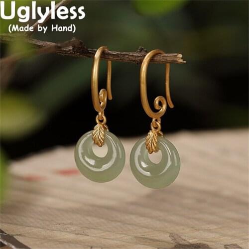 Uglyless Natural Jade Peace Buttons Earrings for Women Simple Fashion Gemstones Brincos Real 925 Sterling Silver Earrings Gold