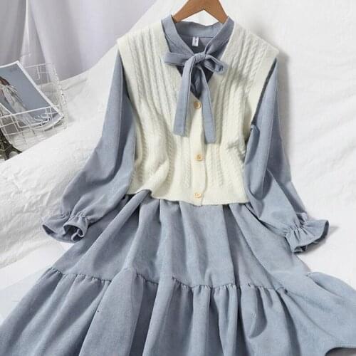 2021 Spring Autumn Women Dress Two Piece Set Casual Stand Collar Sweet Ruffle Long sleeve Midi Dress + V-neck knitted Vest Suit