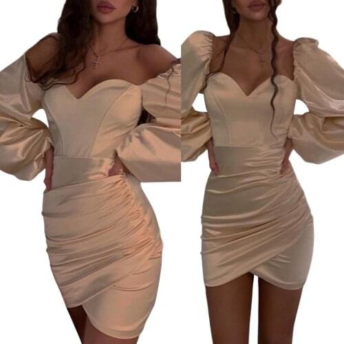 Women Lantern Sleeve Solid Color Dress Ladies Female Stylish Dress for Party Gathering