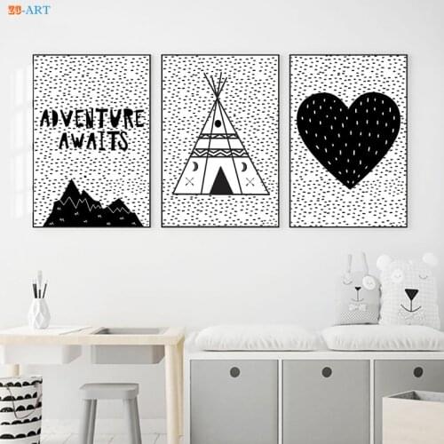 Cartoon Canvas Painting Black and White Wall Art Quotes Poster Heart Print Wall Pictures for Living Room Nursery Kids Room Decor