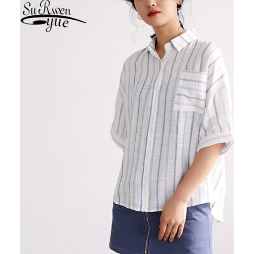 2019 Fashion Ladies Clothing Women Tops Casual Striped Shirt Loose Five-point Sleeve Office Lady Shirt Women Shirts 5259 50