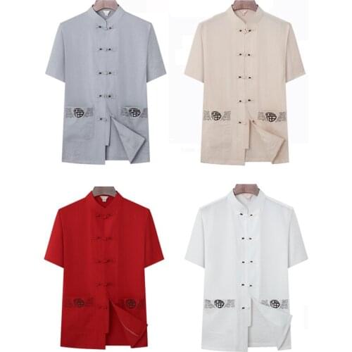 2021 Traditional Chinese Clothing Set for Men Adult Tai Chi Kung Fu Uniforms Linen Short Sleeve Embroidery Casual Chinese Tops