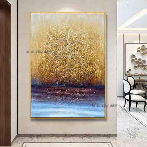 Handmade Abstract Oil Painting Large Canvas Wall Art Golden Tree Minimalist Modern Decoration Living Room Office