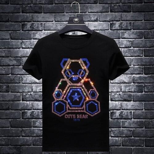 Size Plus 7XL 2021 Cute Bear Rhinestones T Shirts Men Brand Short Sleeve Fashion Man Streetwear O Neck Slim Modal Cotton Tshirts