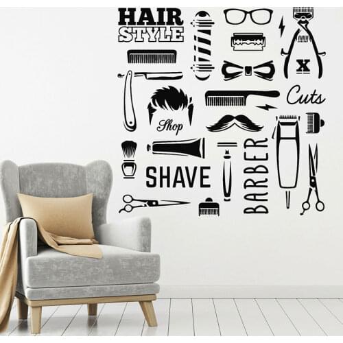 Barber Shop Tools Hair Style Shave Cuts Wall Stickers Vinyl Interior Barbershop Sign Decor Decals Removable Mural Wallpaper S170