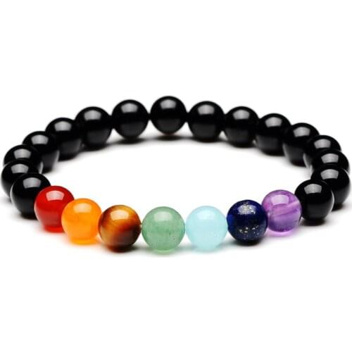 8mm Round Ball Beaded Natural Black Agates Stone 7 Chakra Healing Balance Energy Bracelet Prayer Yoga Bracelets for Women Male