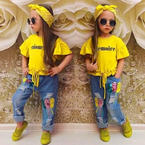 Summer Toddler Girl Clothes Fashion Kids Clothes Girls Sets Cotton Short Sleeve Tops+Jeans+Scarf Childrens Clothing 1-6Years