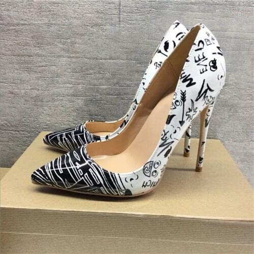 Fashion pointed toe 12cm high-heeled exquisite black white graffiti elegant single shoes ladies party shoes QP014 CHENSIR9