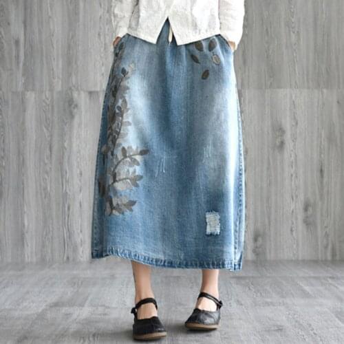 2019 New Denim Casual Skirts Womens Beautiful Embroidery A-Line High Waist Skirt Female Fashion Elastic Waist Plus Size Skirt