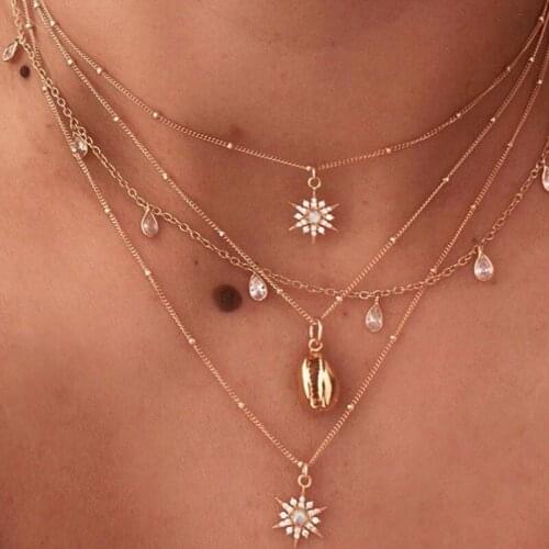 2020 New Women Bohemia Water Drop Star Shape Necklaces Trendy Alloy Imitation Pearls Shell Long Multi-layer Pendant Necklace