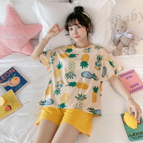 2021 New Summer Short Sleeves Pajama Set Red Yellow Green Young Girl Printed Kawaii Pajama XXL SOFT FEELING Clothes Home Wear