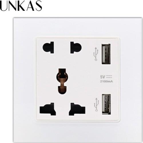 UNKAS New 2100mA Dual USB Charge Port for Mobile Luxury Glass Panel Wall Power Socket Plug, Universal 5 Hole Electrical Outlet