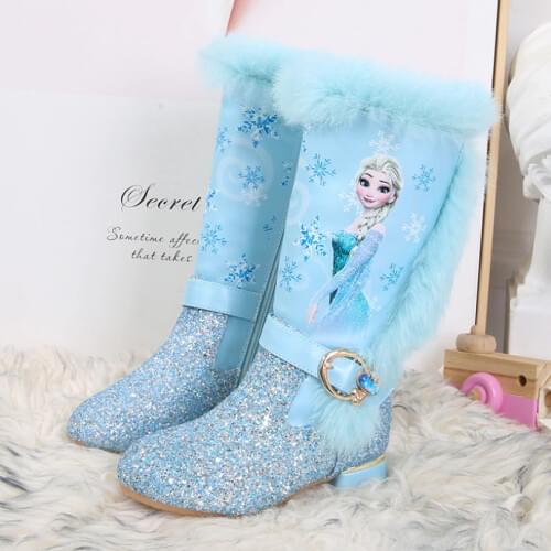 Disney Autumn Winter New High Boots Girls Princess High-heeled Children Sequins Snow Boots Kids Cartoon Frozen Boots