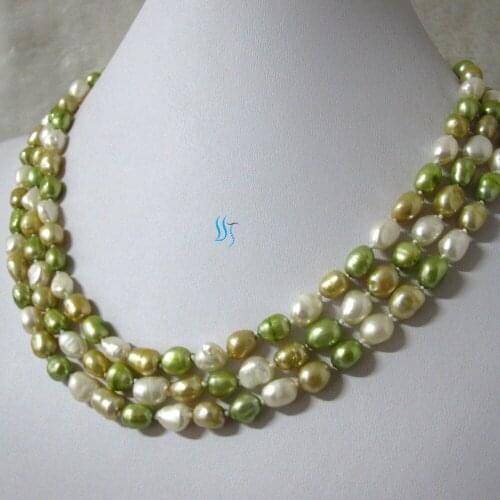 50" 6-8mm White Champagne Green Baroque Freshwater Pearl Necklace
