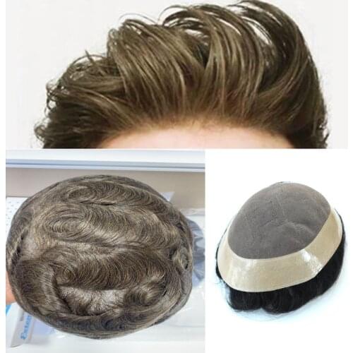Ash Brown Color #7 Pu +mono Base Men Toupee Human hair Replacement System Skin Hair Prosthesis Base Natural Look Skin Men Toupee
