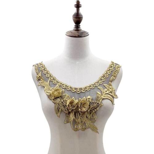 Luxury Glitter Golden Dress Lace Applique Patches 3D Roses Venise Embroidery DIY Collar Neckline Trim Decorate Sewing Supplies