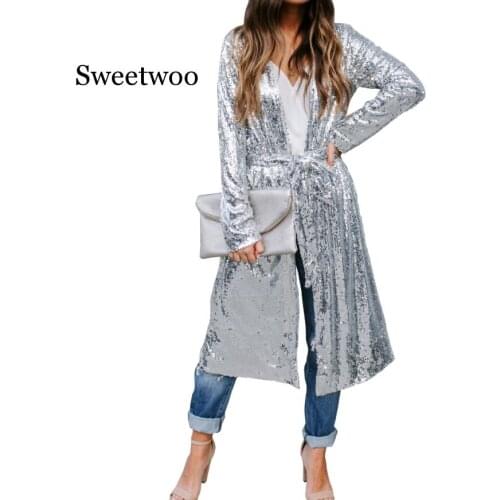 Women Sparkly Sequined Jacket Sexy Open Front Long Coat Spring Autumn Causal Glitter Kimono Party Club Top Female